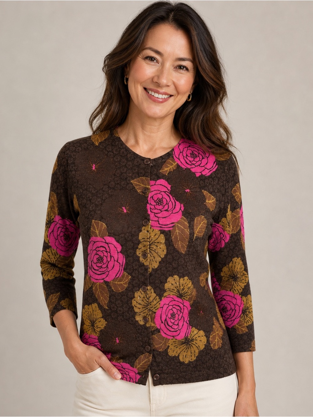 Garnet Hill Women’s Brown Floral Cardigan Lightweight 100% Wool Sz S Cottagecore